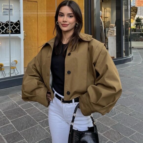 ZARA  ZW COLLECTION PLEATED JACKET OLIVE GREEN 3194/545 SIZE L NWT - Picture 3 of 9